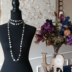 Metallic Black, Silver And White Beaded Necklace